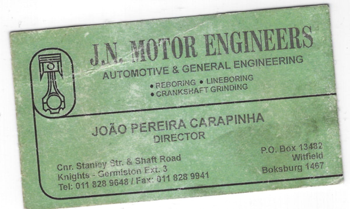 Cartão de visita da J. N. Motor Engineers, João Pereira Carapinha, Director